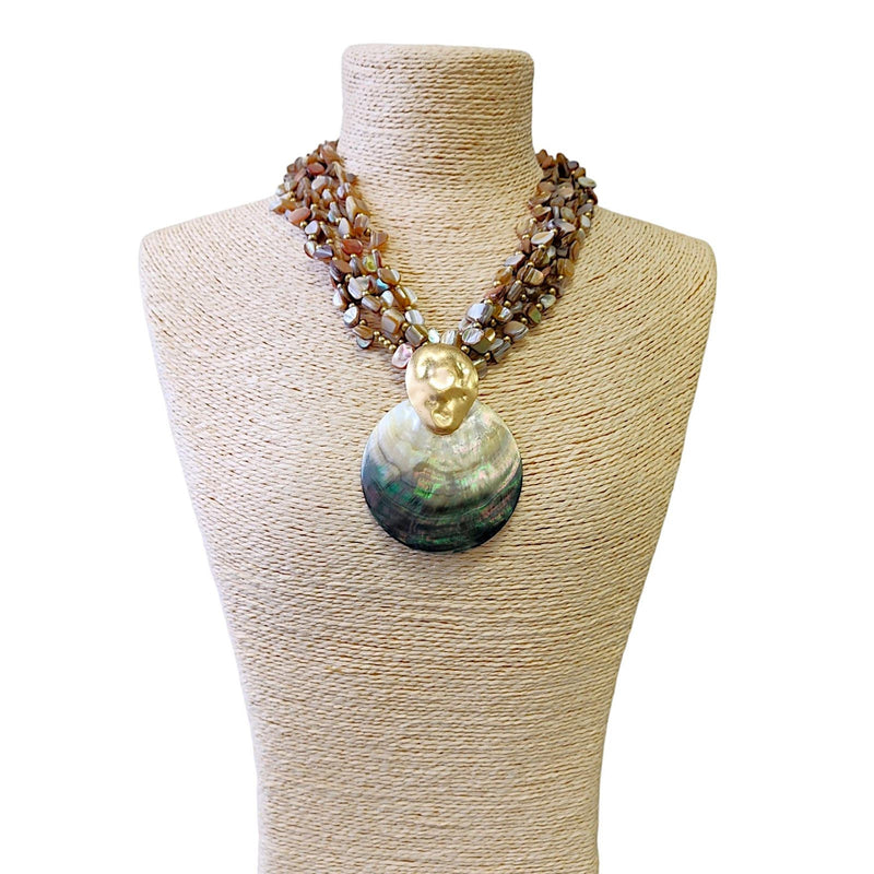 Neutral Beige Abalone Chip Necklace w/ Iridescent Mother of Pearl Seashell Pendant