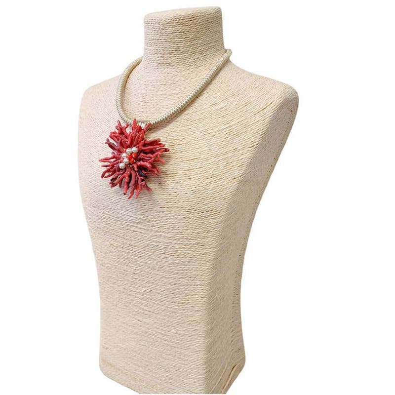 Coral Branch Flower Pendant Necklace on Gold Collar