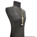 Rhinestone Studded Fish Bone Pendant Necklace on Gold Chain