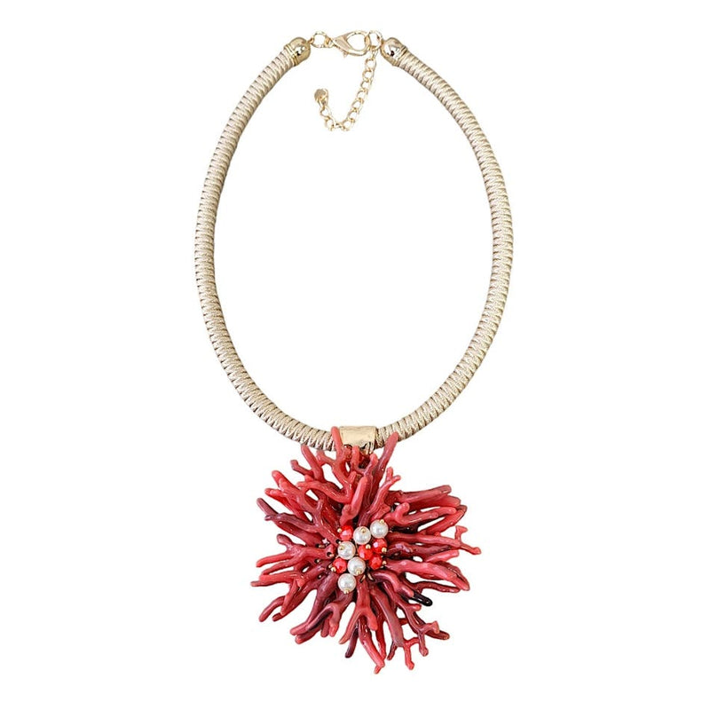 Coral Branch Flower Pendant Necklace on Gold Collar