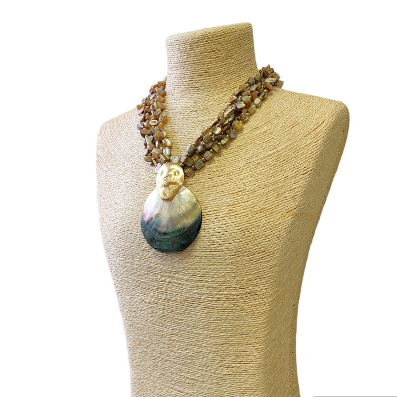 Neutral Beige Abalone Chip Necklace w/ Iridescent Mother of Pearl Seashell Pendant