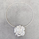 Matte Metallic Silver Rose Flower Floral Pendant Necklace