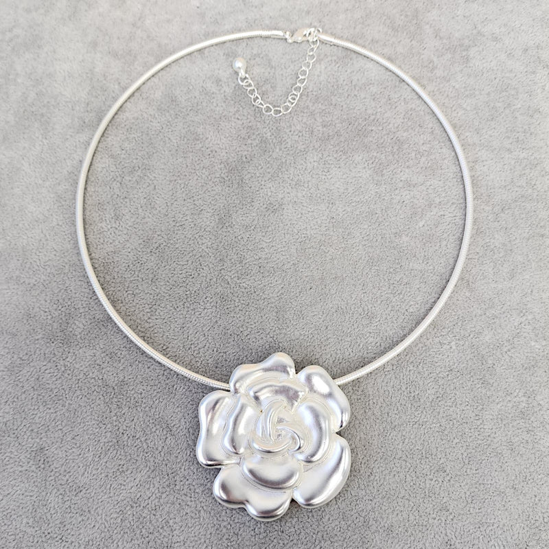 Matte Metallic Silver Rose Flower Floral Pendant Necklace