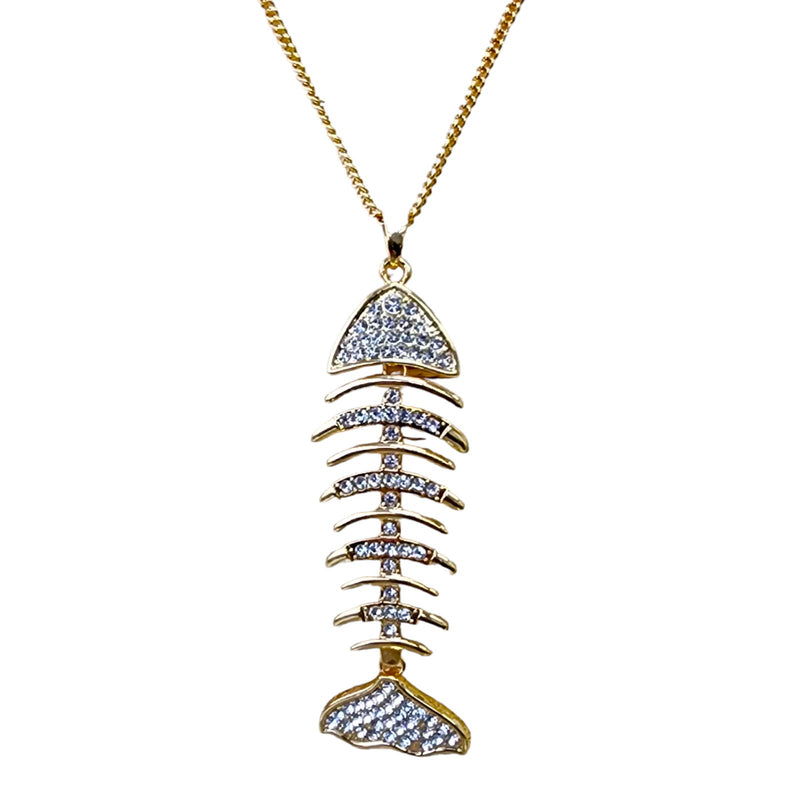 Rhinestone Studded Fish Bone Pendant Necklace on Gold Chain