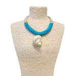 Turquoise Blue Beaded Abalone Sea Shell Pendant Statement Necklace