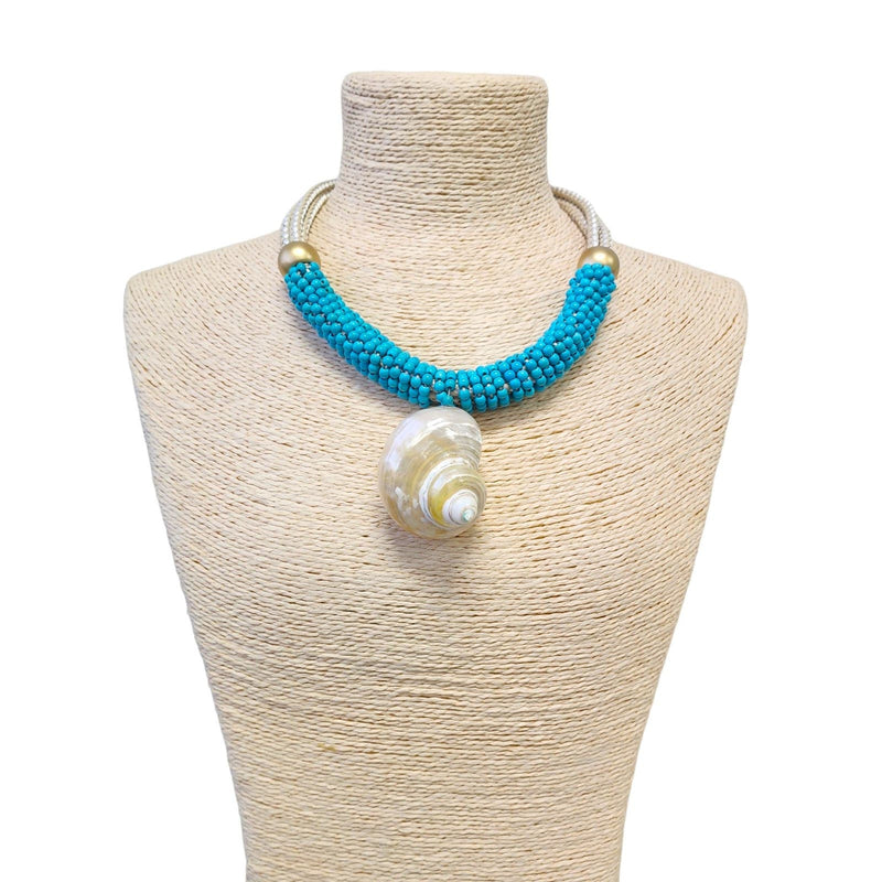 Turquoise Blue Beaded Abalone Sea Shell Pendant Statement Necklace