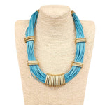 Turquoise Blue & Gold Chain Link Multi Strand Wax Cord Necklace