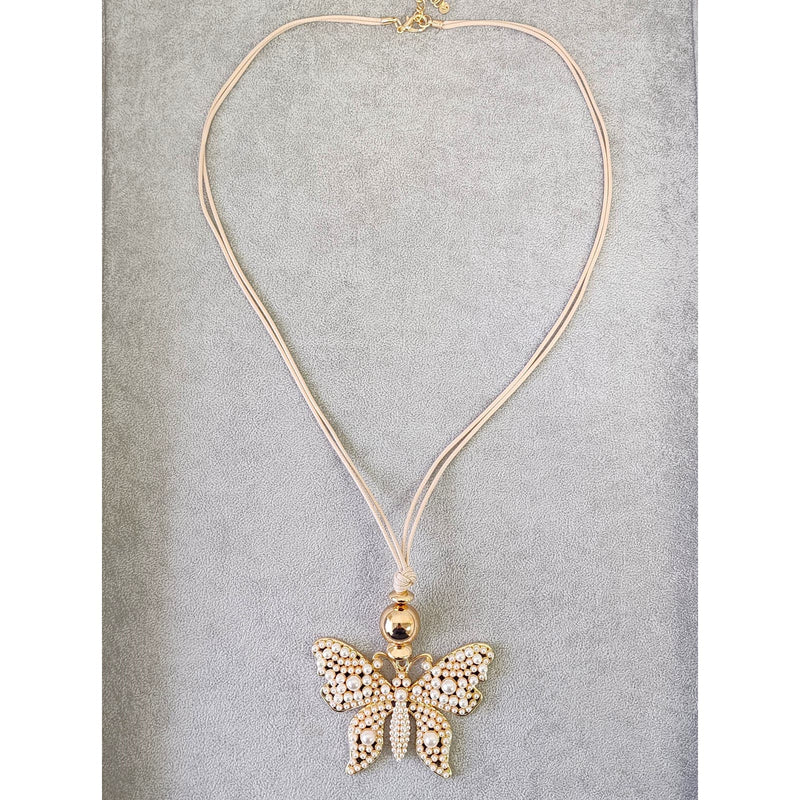 Long Pearl Butterfly Pendant Statement Necklace on Beige Leather Cord