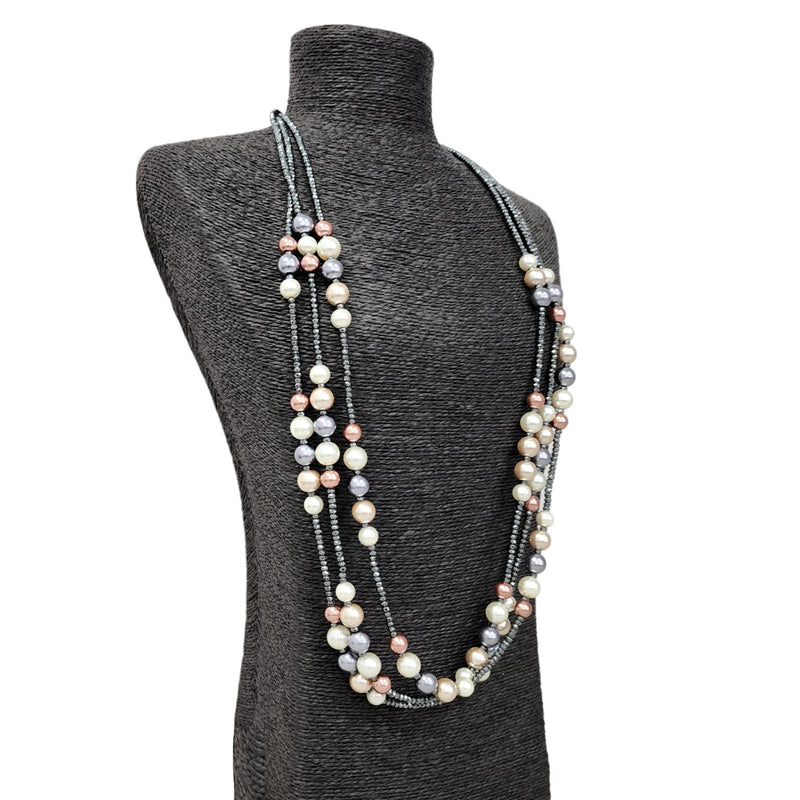 Long Multi Layer Shiny Silver Hematite Bead & Tahitian Pearl Statement Necklace