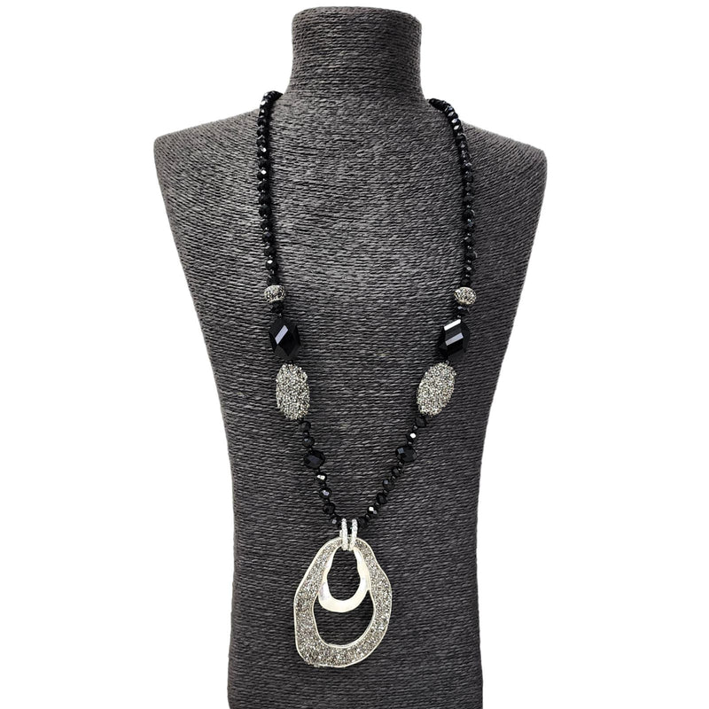 Black and Silver Studded Crystal Pendant Necklace