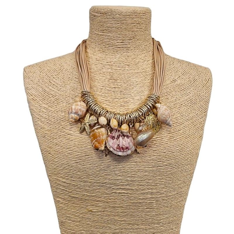 Beige and Gold Mixed Seashell Ocean Life Charm Necklace