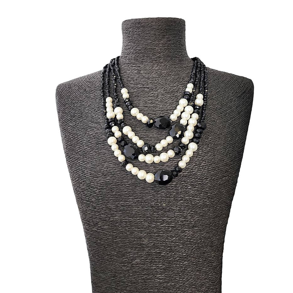 Black and White Pearl Short Graduated Layer Crystal Necklace