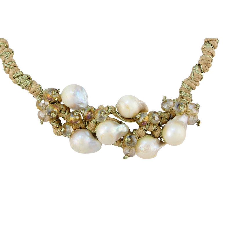 Beige & Gold Raffia & Edison Pearl Short Statement Collar Necklace