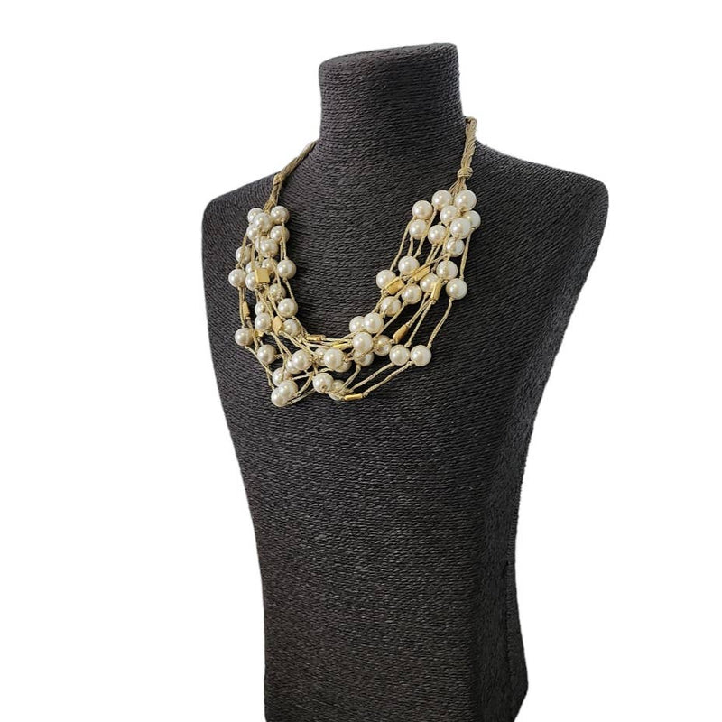 Multi Strand Metallic Gold Tread Necklace with Graduated Layers of White Pearl