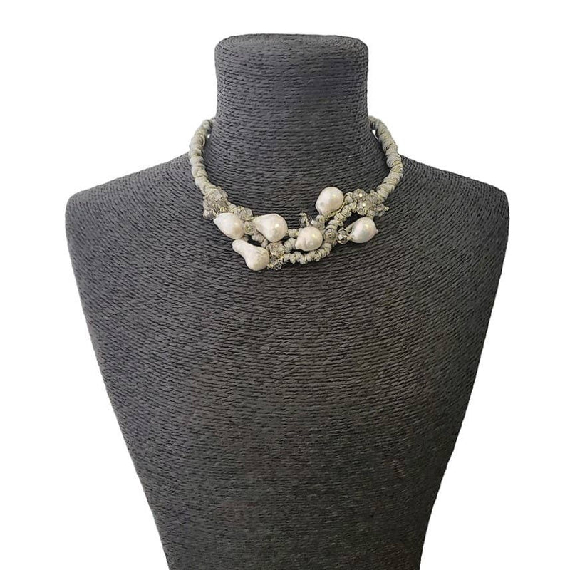 Silver & Gold Raffia & Edison Pearl Short Statement Collar Necklace
