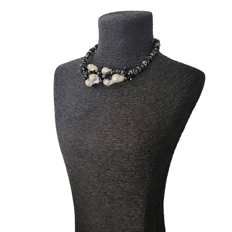 Black & Gold Raffia & Edison Pearl Short Statement Collar Necklace