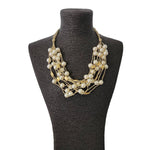 Multi Strand Metallic Gold Tread Necklace with Graduated Layers of White Pearl